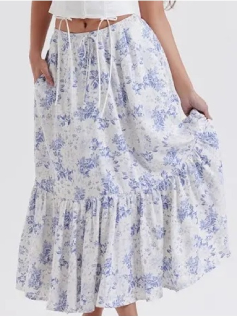 House of CB Aitana White and Blue Floral Print Midi Skirt